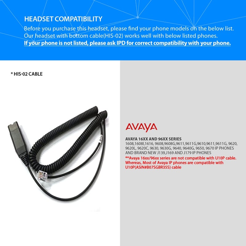 IPD IPH-165 Phone Headset with Noise Cancelling Microphone for Office and Call Center-Compatible with Avaya 1608 1616 9601 9608 9611 9611G 9620 9621 9630 9631 9640 9641 9650 9670 J139 J159 J169 J179 - Image 2